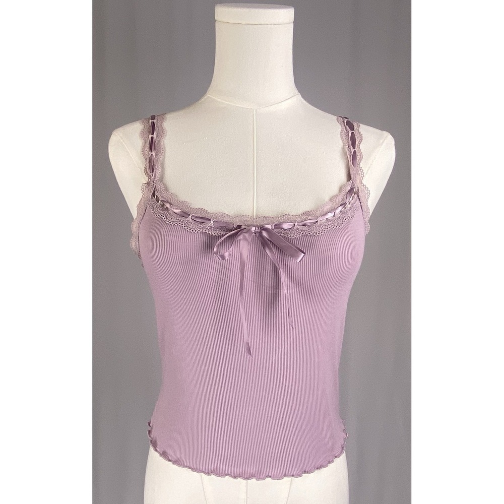 Forever 21 Cami Tank‎ Top Women Large Purple Lace Trim Ribbed Coquette